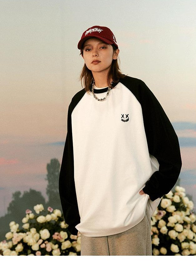 RickyisClown Torn Smiley Face Colorblock Raglan Men's Long Sleeve T-shirts