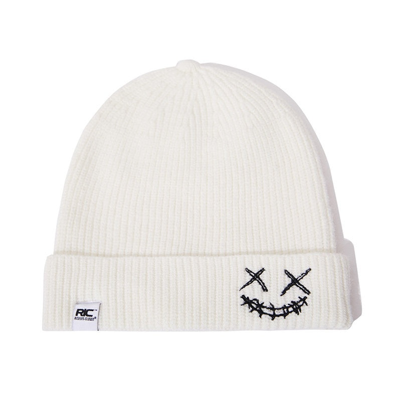RickyisClown_Torn_Smiley_Face_Knitted_Rolled_Cuff_Round_Top_Men's_Acrylic_Beanies_MISSTT