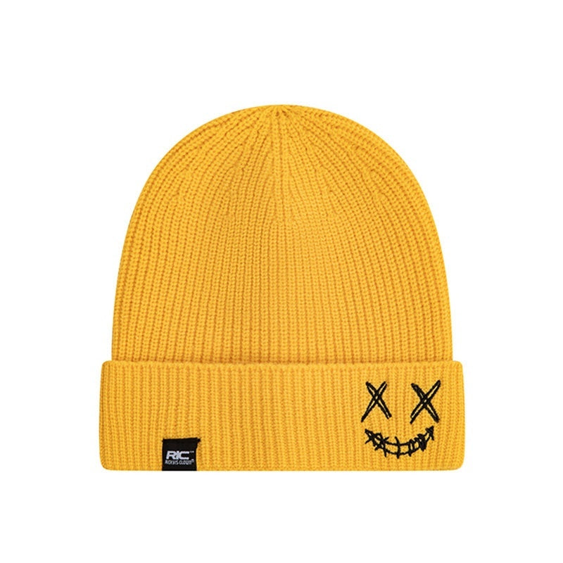 RickyisClown_Torn_Smiley_Face_Knitted_Rolled_Cuff_Round_Top_Men's_Acrylic_Beanies_MISSTT
