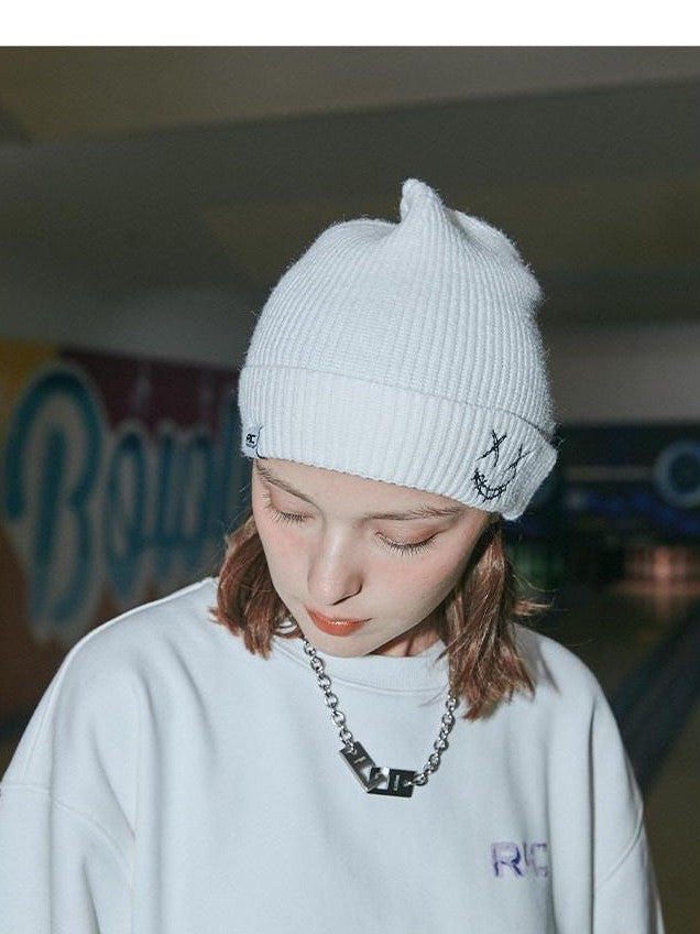 RickyisClown Torn Smiley Face Knitted Rolled Cuff Round Top Men's Acrylic Beanies