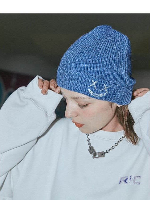 RickyisClown Torn Smiley Face Knitted Rolled Cuff Round Top Men's Acrylic Beanies