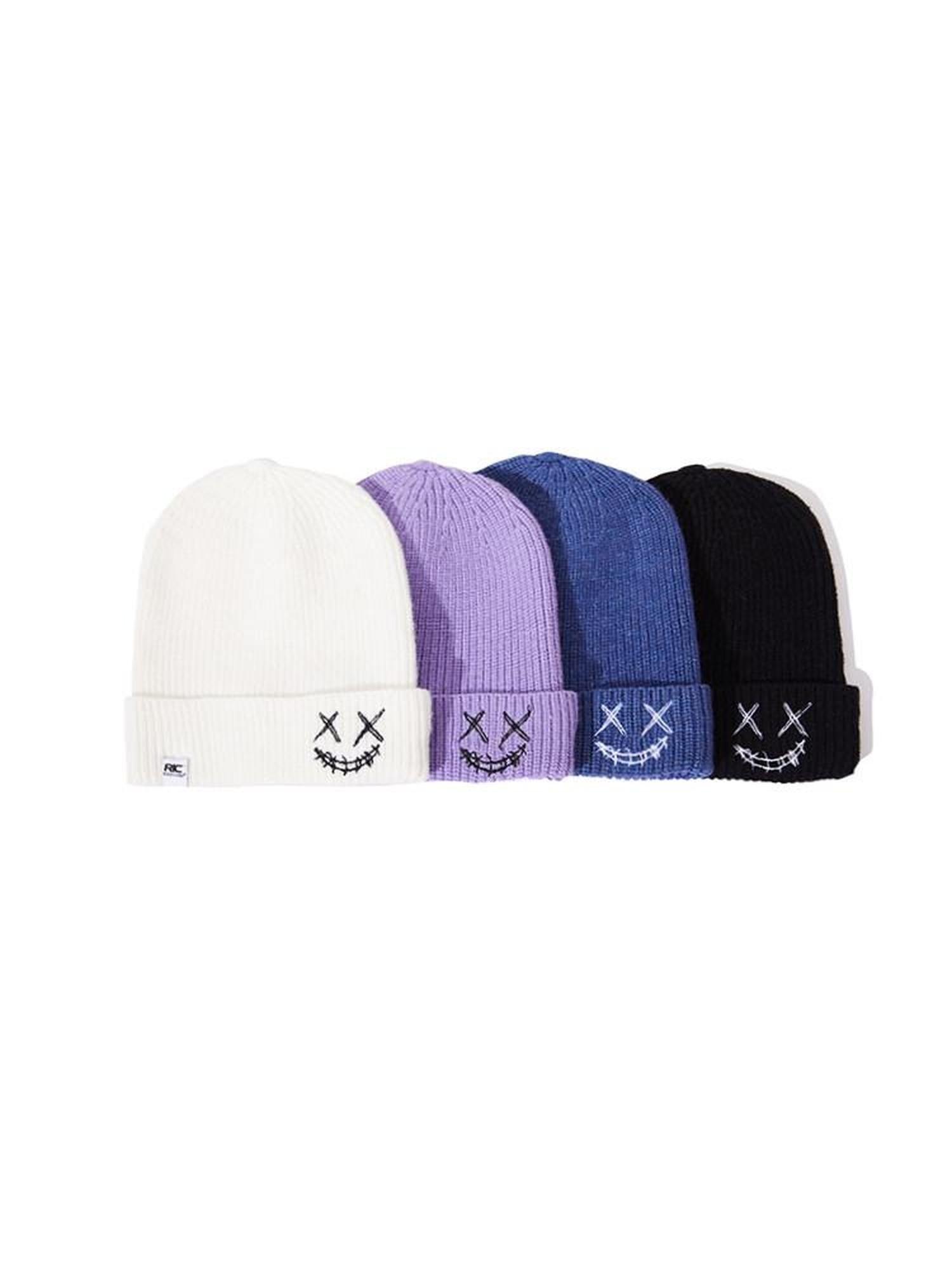 RickyisClown Torn Smiley Face Knitted Rolled Cuff Round Top Men's Acrylic Beanies