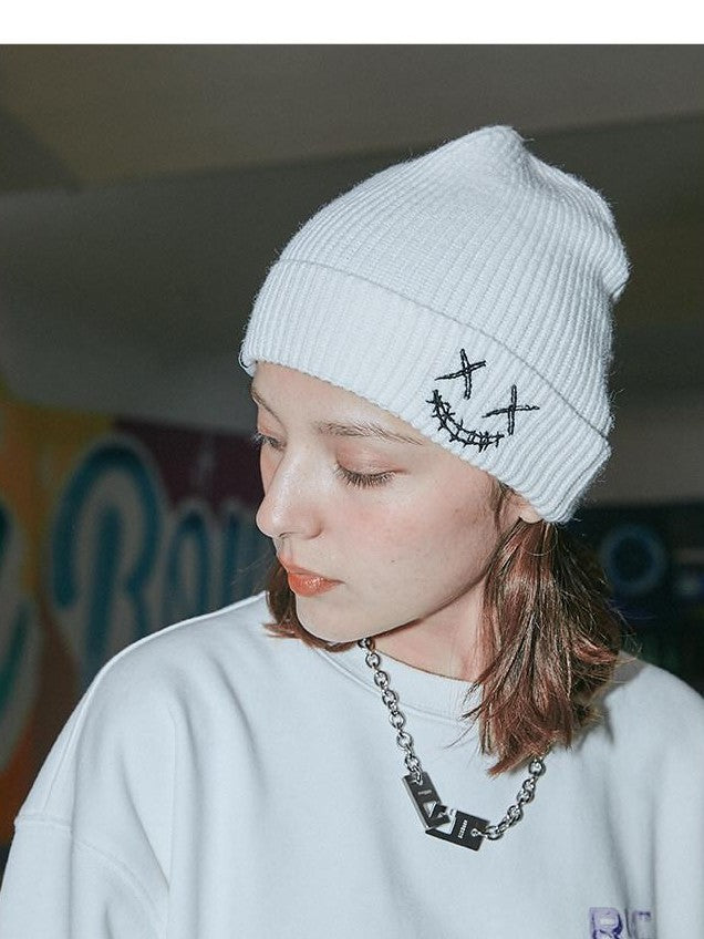 RickyisClown Torn Smiley Face Knitted Rolled Cuff Round Top Men's Acrylic Beanies