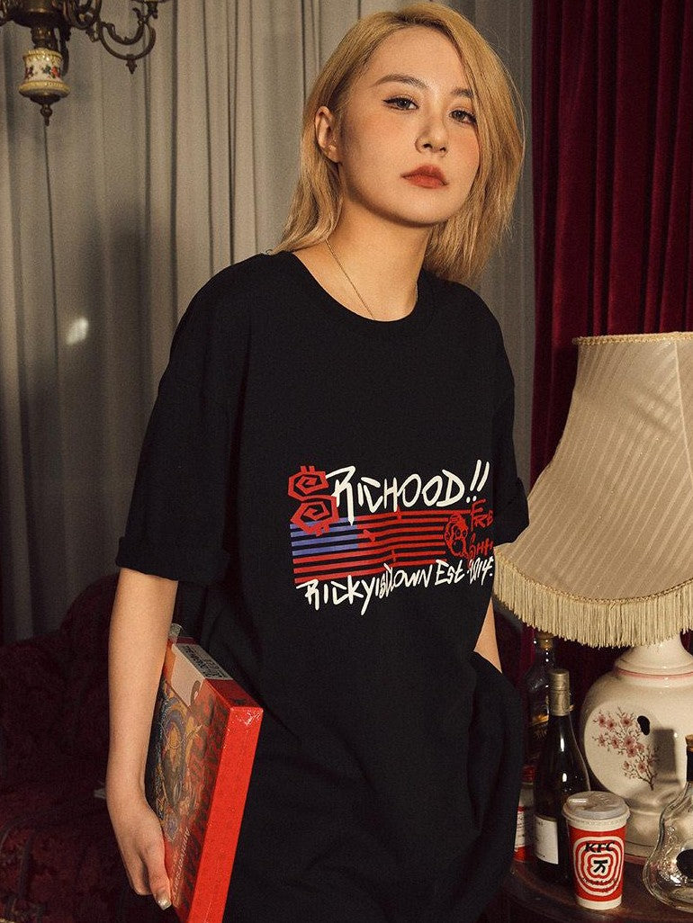 RickyisClown Urban Flag Print Vintage Loose Crew Neck Men's Cotton Short Sleeve T-shirts