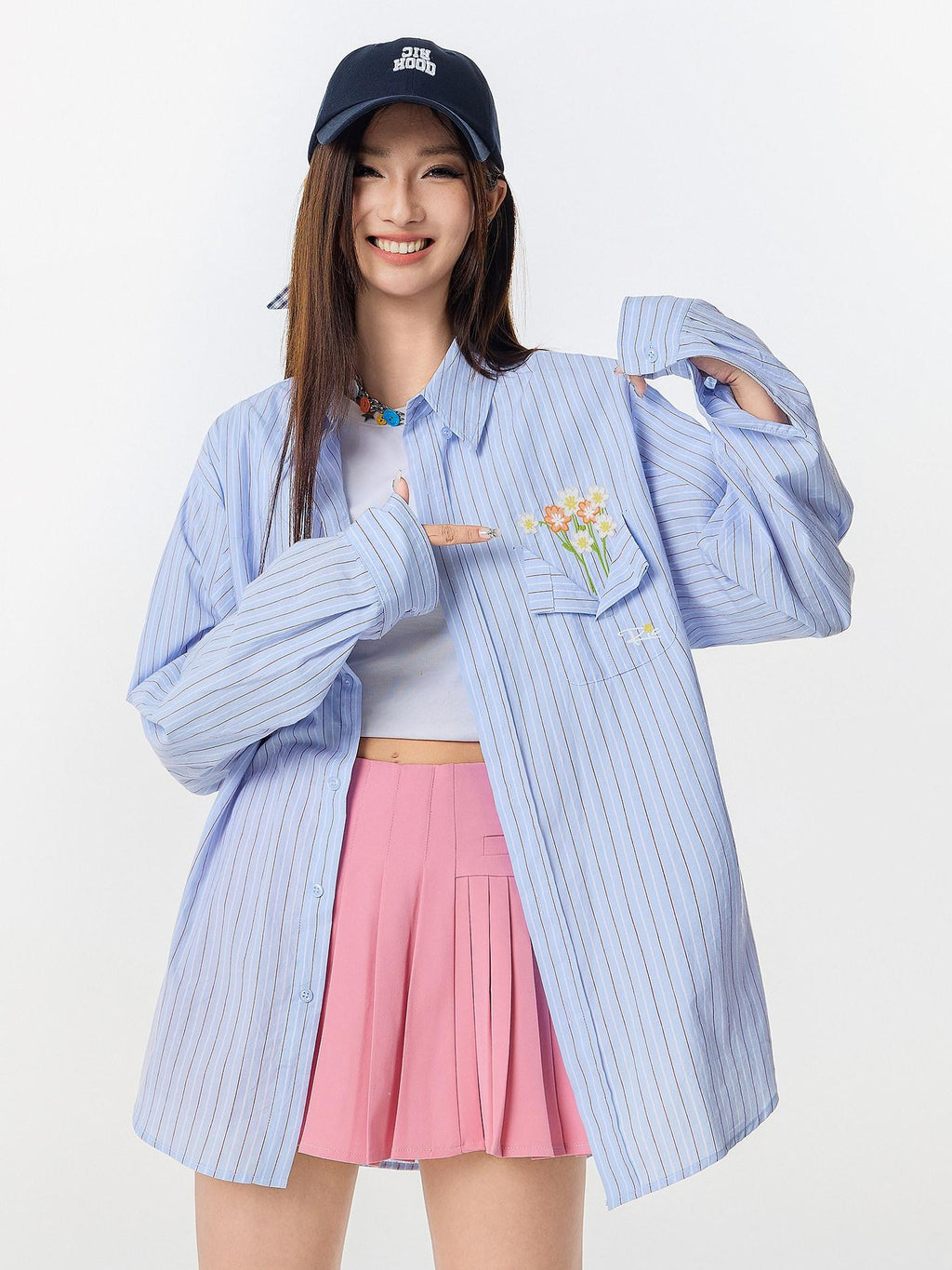 RickyisClown Vase Motif Pocket Print Button Front Long Sleeve Men's Striped Shirts