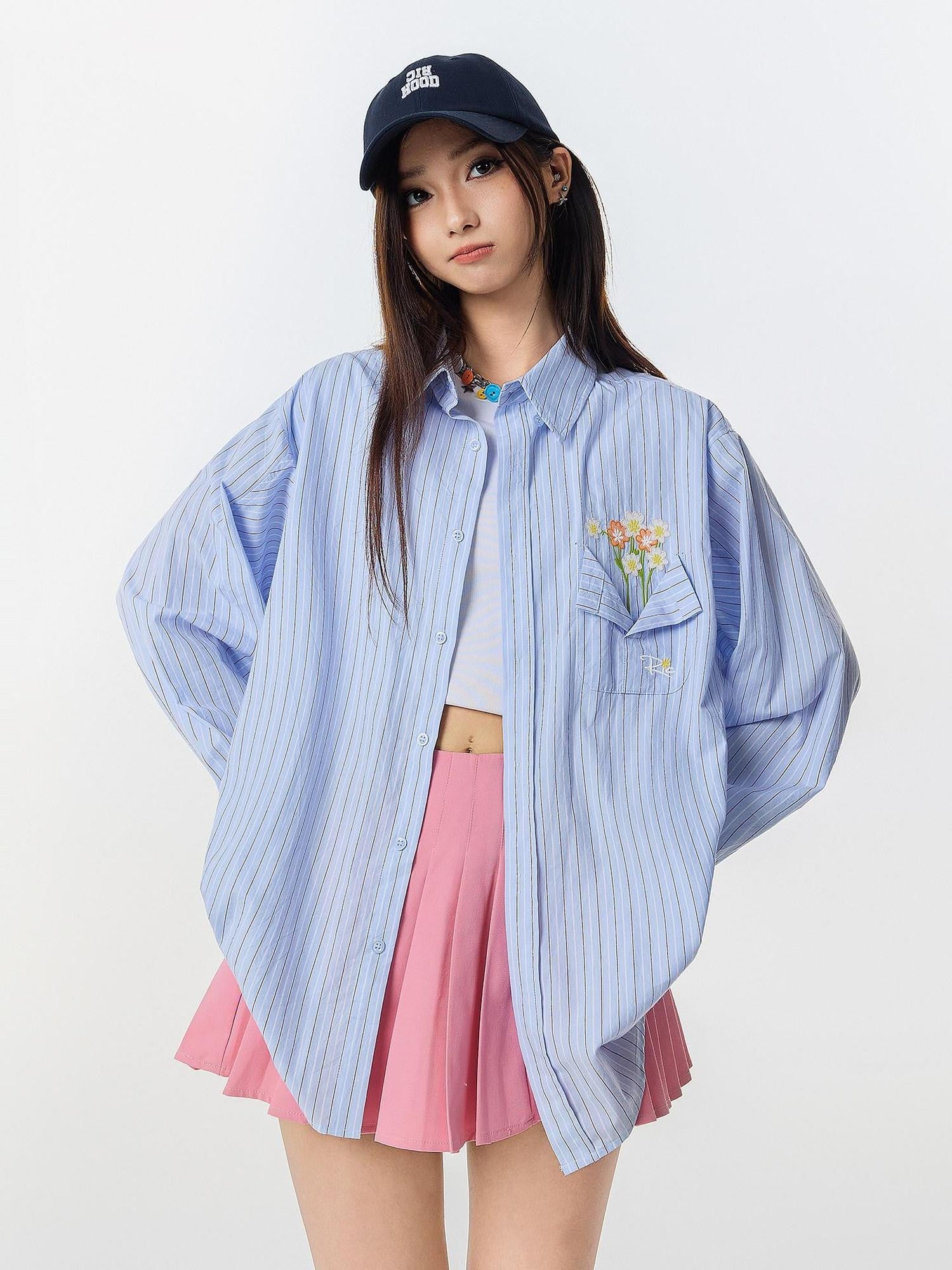 RickyisClown Vase Motif Pocket Print Button Front Long Sleeve Men's Striped Shirts