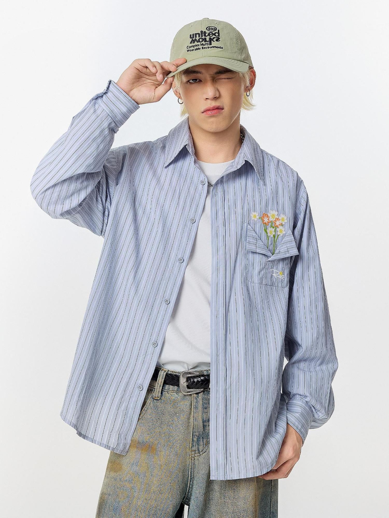 RickyisClown Vase Motif Pocket Print Button Front Long Sleeve Men's Striped Shirts