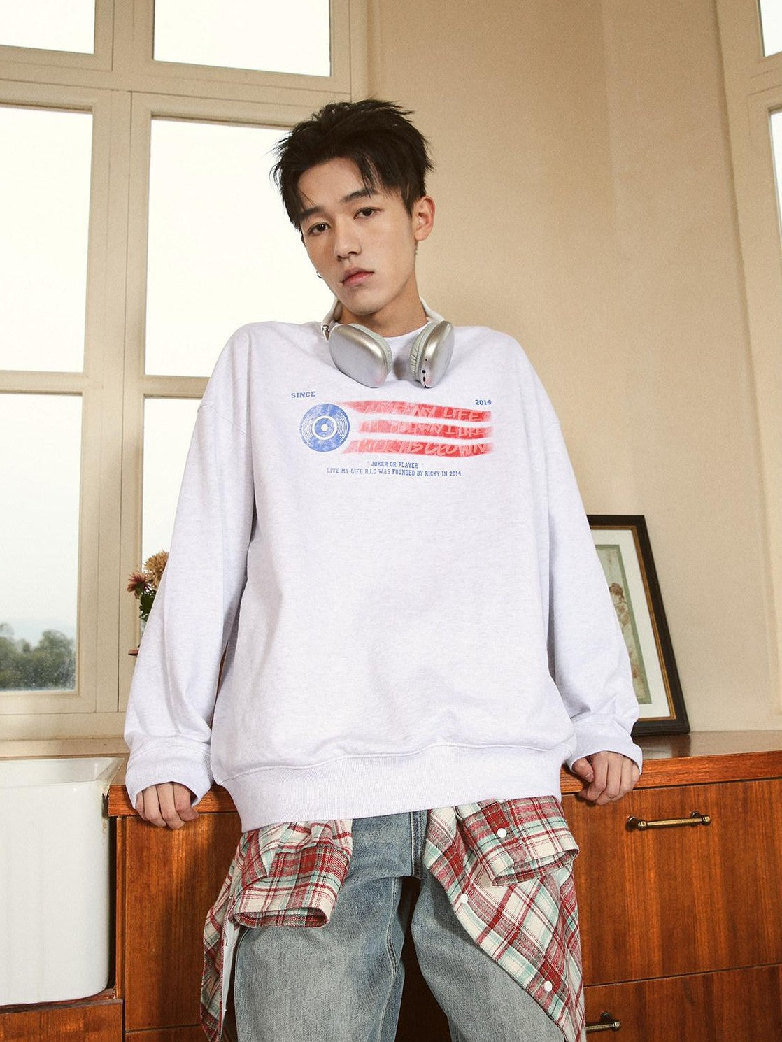 RickyisClown Vintage Drop Shoulder Black Vinyl Print Men's Cotton Long Sleeve T-shirts