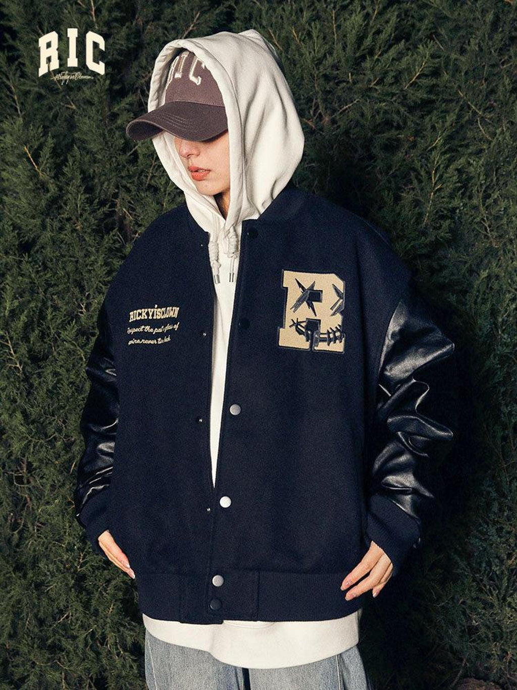 RickyisClown Vintage Flocked Pu Leather Sleeve Padded Splice Loose Men's Baseball Jerseys