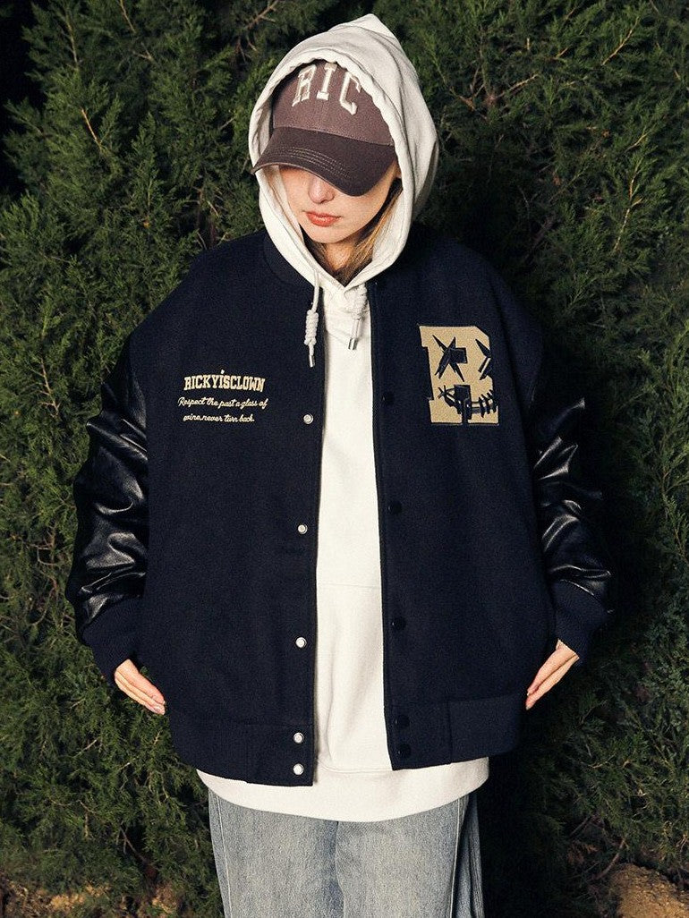 RickyisClown Vintage Flocked Pu Leather Sleeve Padded Splice Loose Men's Baseball Jerseys