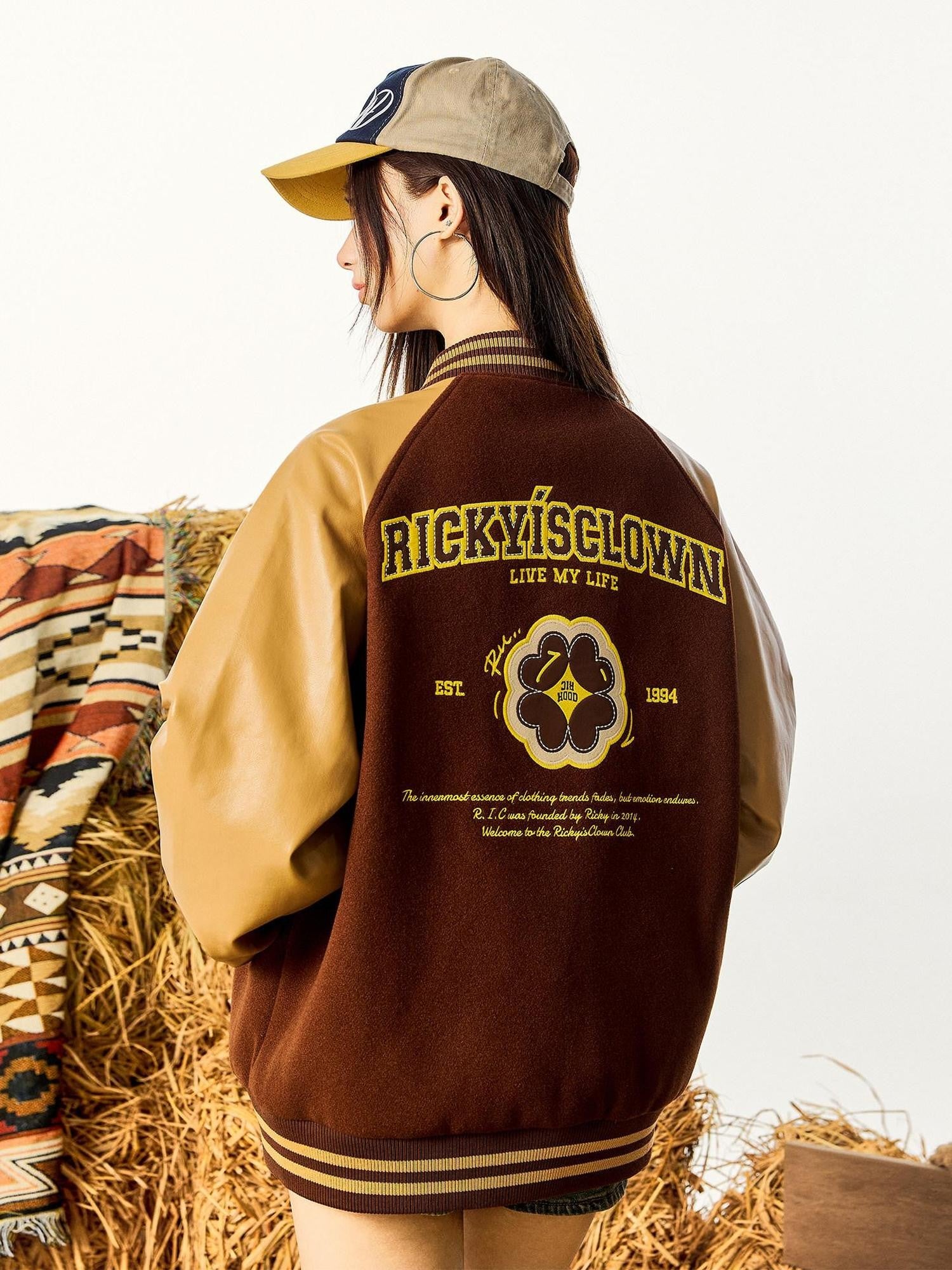 RickyisClown Vintage Floral Patch Applique Embroidered Men's Leather Baseball Jerseys