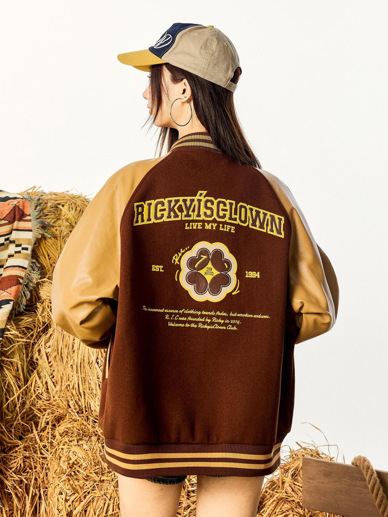RickyisClown Vintage Floral Patch Applique Embroidered Men's Leather Baseball Jerseys