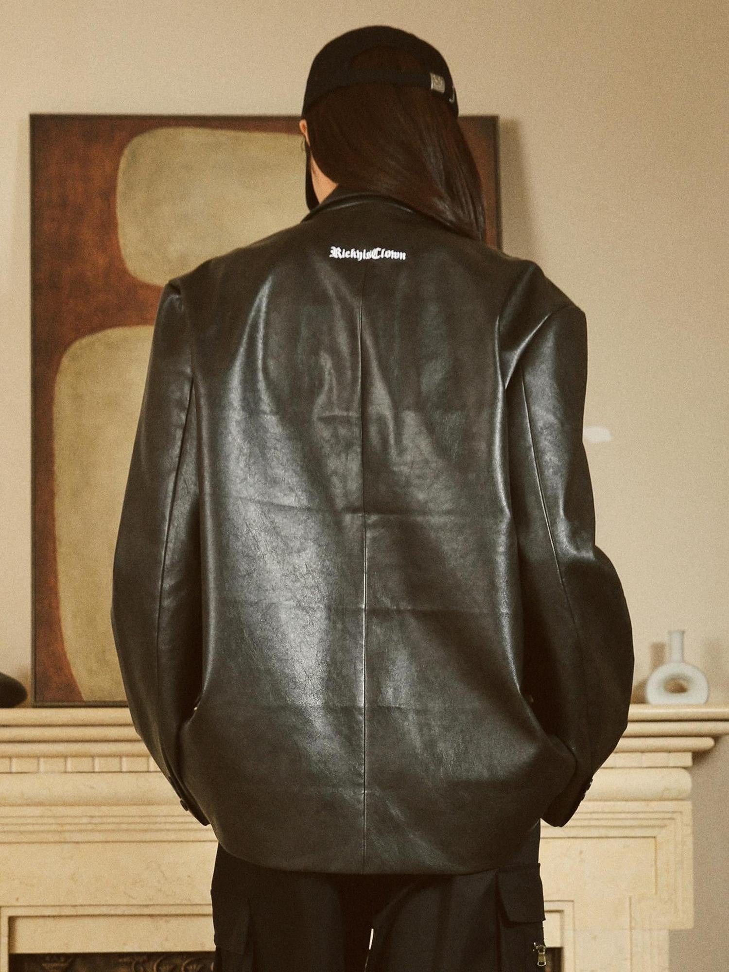 RickyisClown Vintage Leather Two Button Single Breasted Men's Polyester Casual Blazers