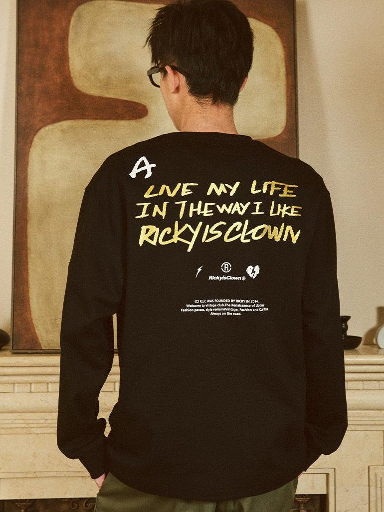 RickyisClown Vinyl Record Gold Foil Drop Shoulder Oversize Men's Cotton Long Sleeve T-shirts