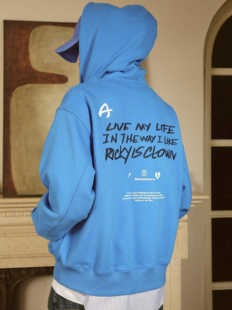 RickyisClown Vinyl Record Print Heavy Zip Hooded Loose Men's Cotton Blend Pullover Hoodies