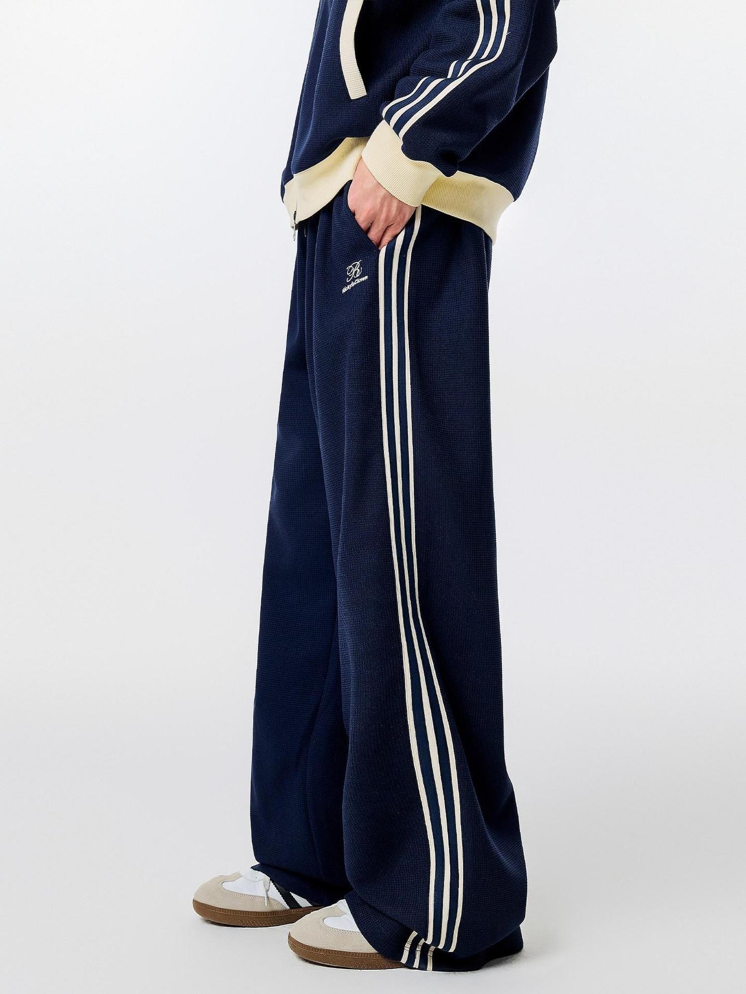 RickyisClown Waffle Colorblock Embroidered Drawstring Men's Polyester Straight-leg Pants