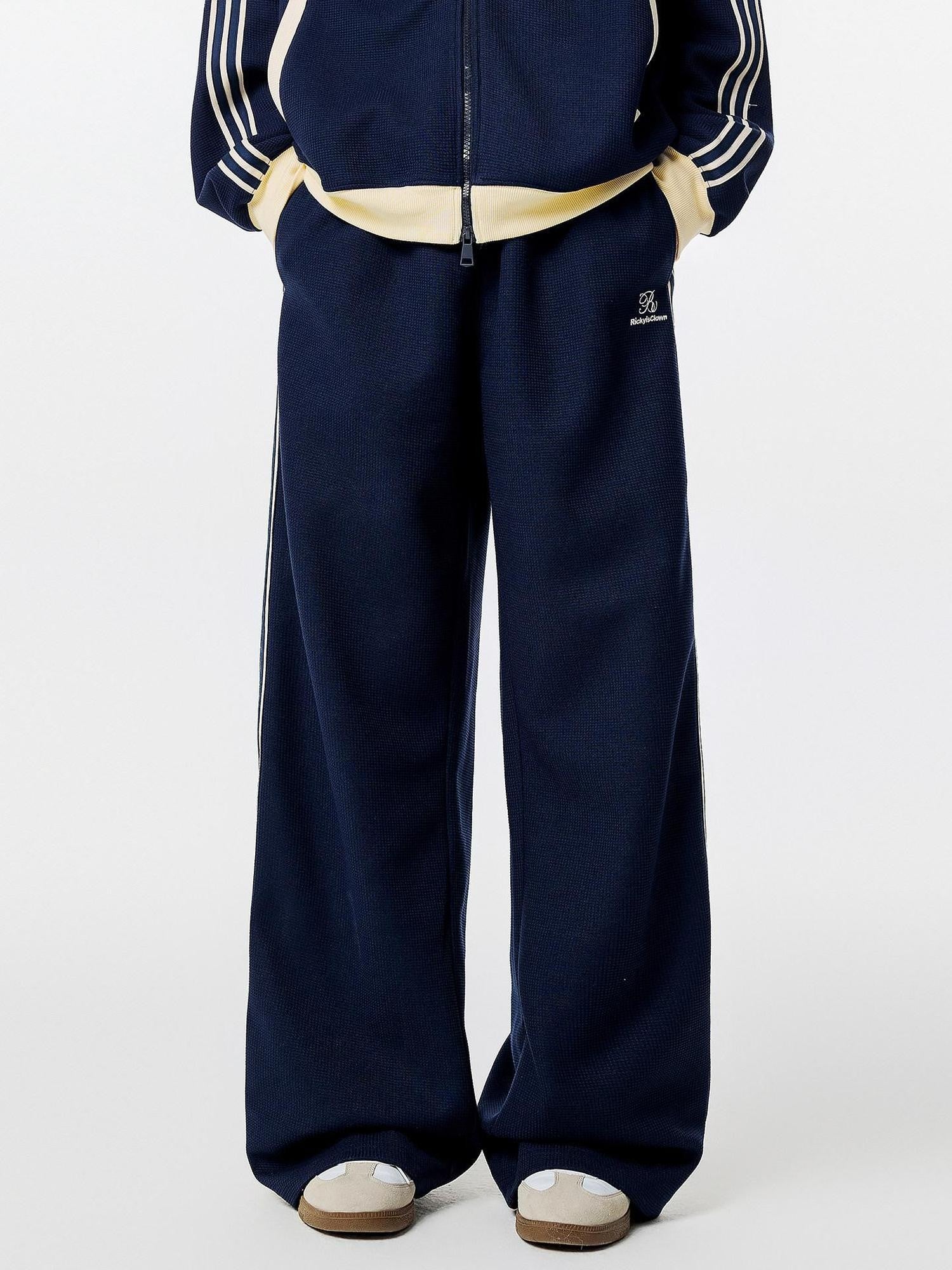RickyisClown Waffle Colorblock Embroidered Drawstring Men's Polyester Straight-leg Pants