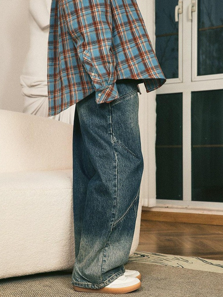 RickyisClown Washed Vintage Distressed Wide Leg Relaxed Men's Denim Straight Jeans
