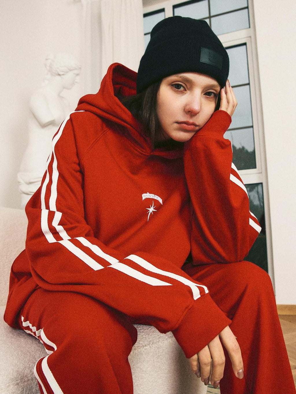 RickyisClown Webbing Embroidery Kangaroo Pocket Loose Fit Men's Cotton Blend Pullover Hoodies