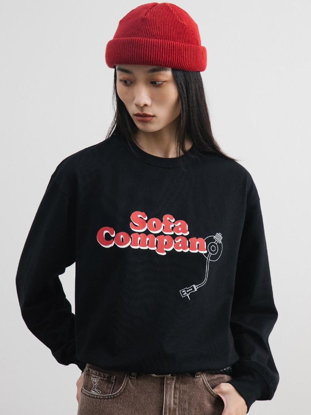 SUPERTOFU 100% Cotton Loose Fit Crew Neck Record Needle Graphic Long Sleeve T-Shirts