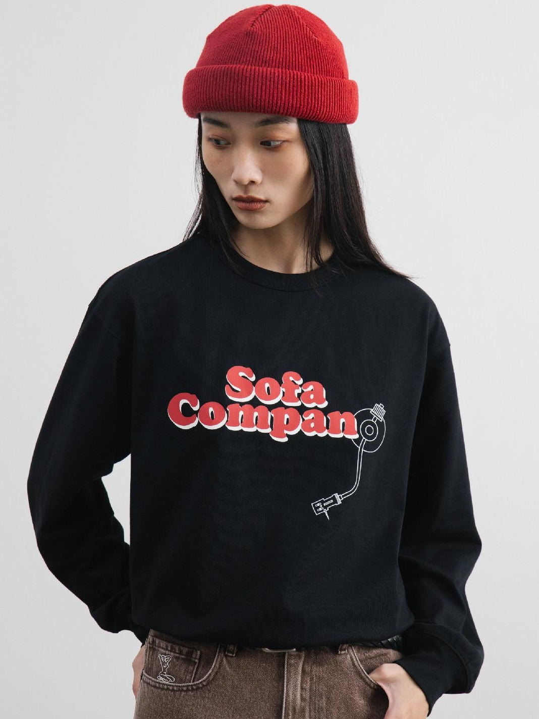 SUPERTOFU 100% Cotton Loose Fit Crew Neck Record Needle Graphic Long Sleeve T-Shirts