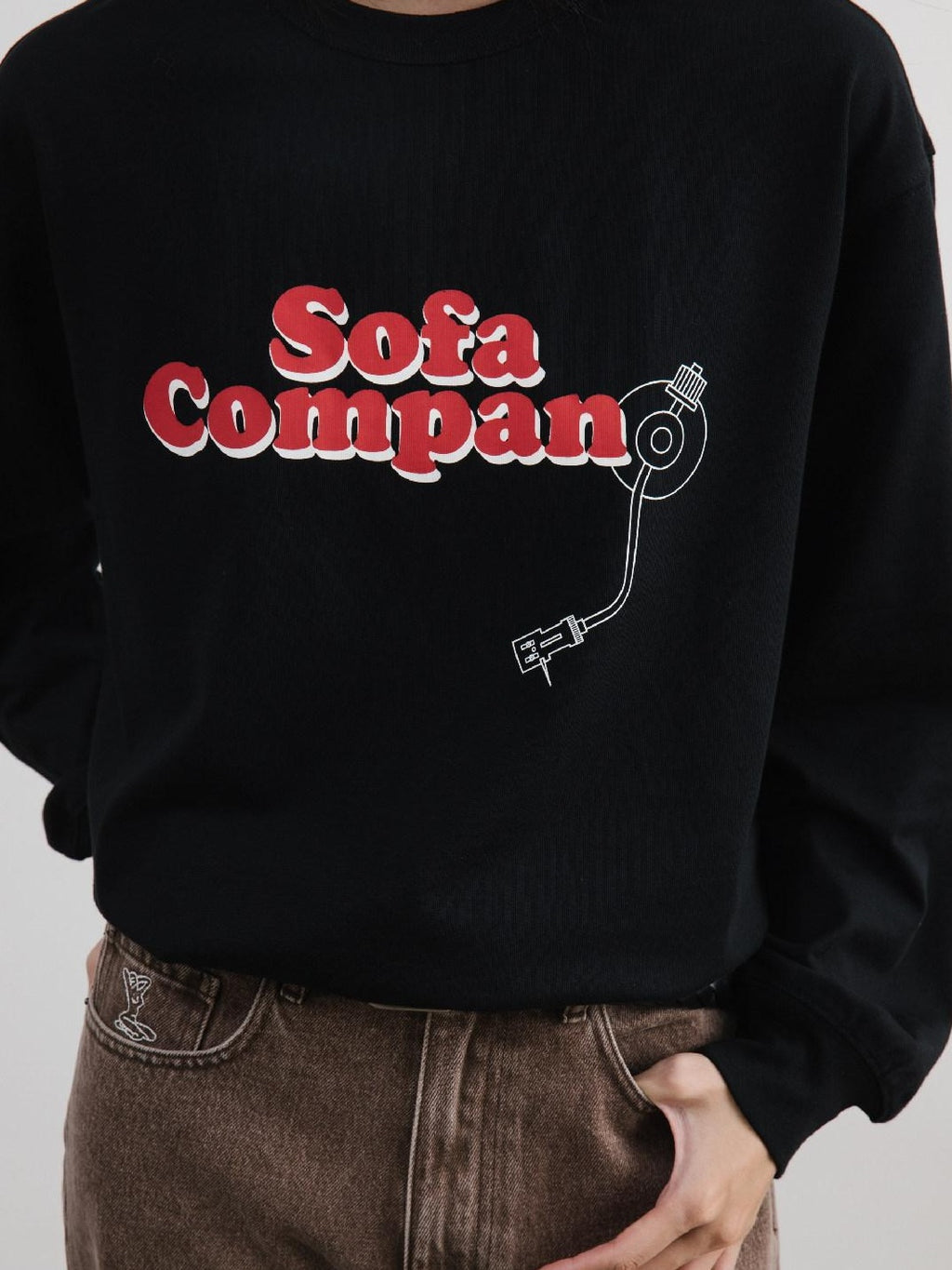 SUPERTOFU 100% Cotton Loose Fit Crew Neck Record Needle Graphic Long Sleeve T-Shirts
