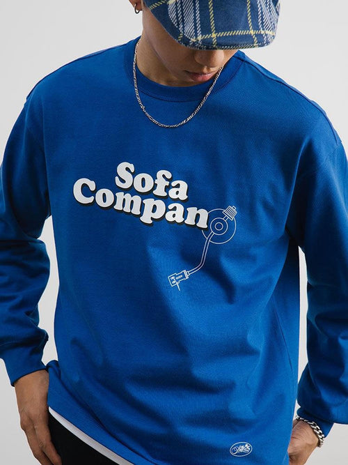 SUPERTOFU 100% Cotton Loose Fit Crew Neck Record Needle Graphic Long Sleeve T-Shirts
