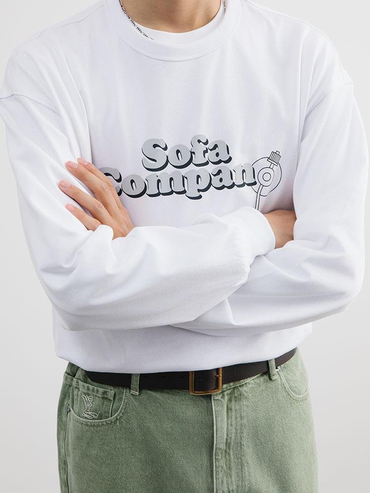 SUPERTOFU 100% Cotton Loose Fit Crew Neck Record Needle Graphic Long Sleeve T-Shirts