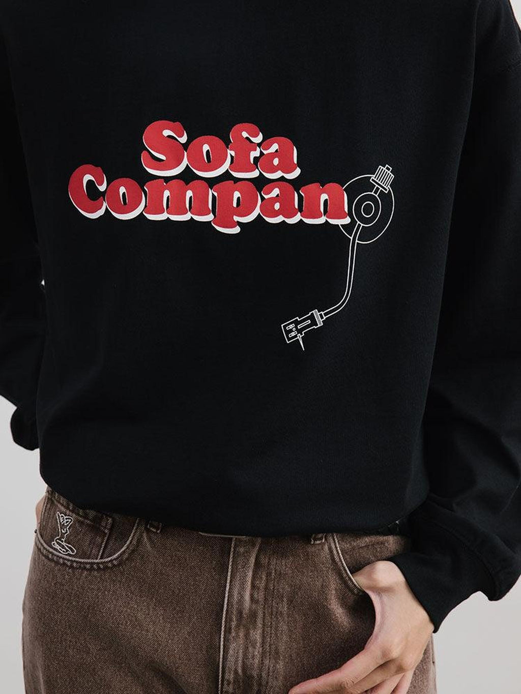 SUPERTOFU 100% Cotton Loose Fit Crew Neck Record Needle Graphic Long Sleeve T-Shirts