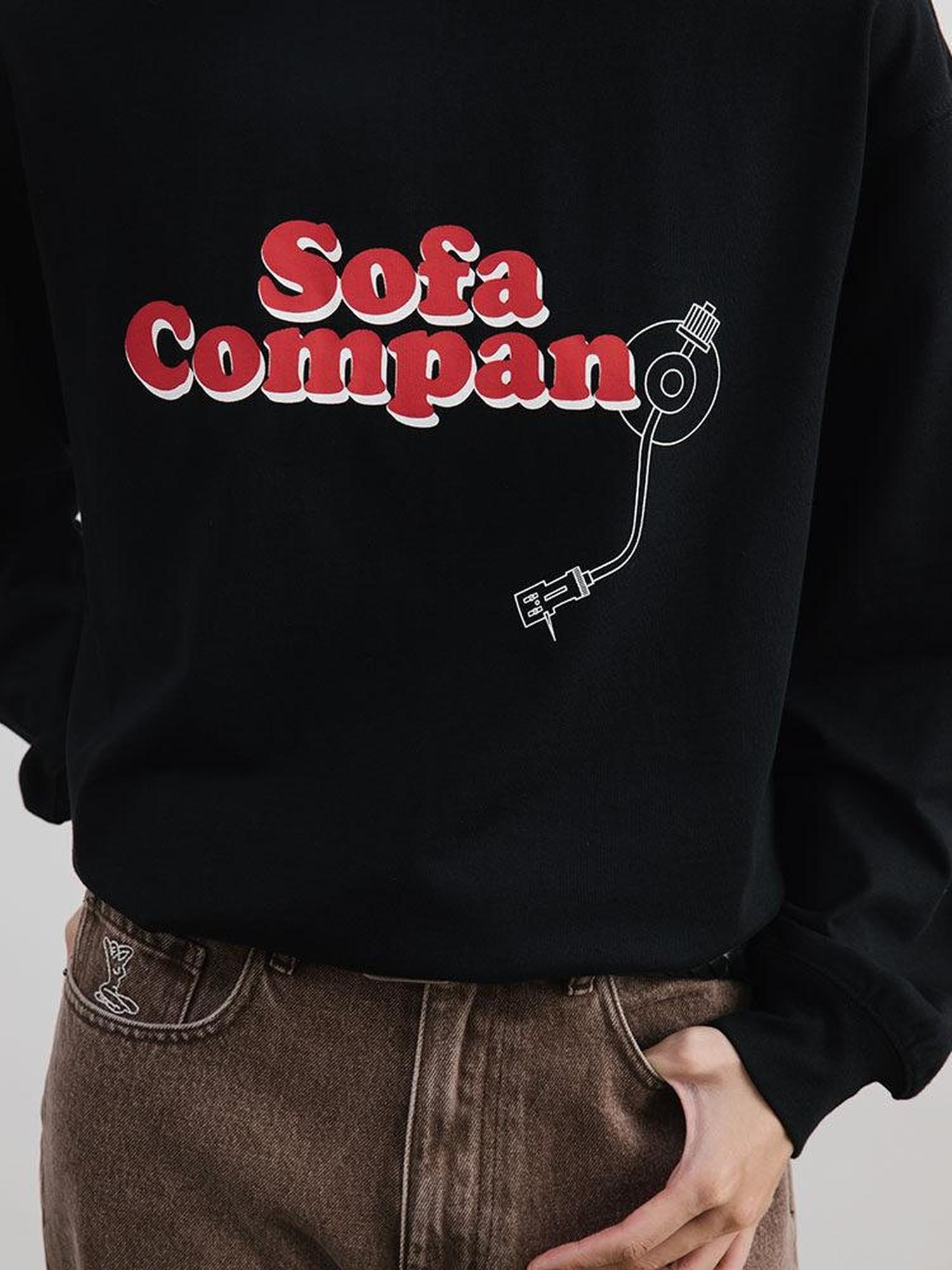 SUPERTOFU 100% Cotton Loose Fit Crew Neck Record Needle Graphic Long Sleeve T-Shirts
