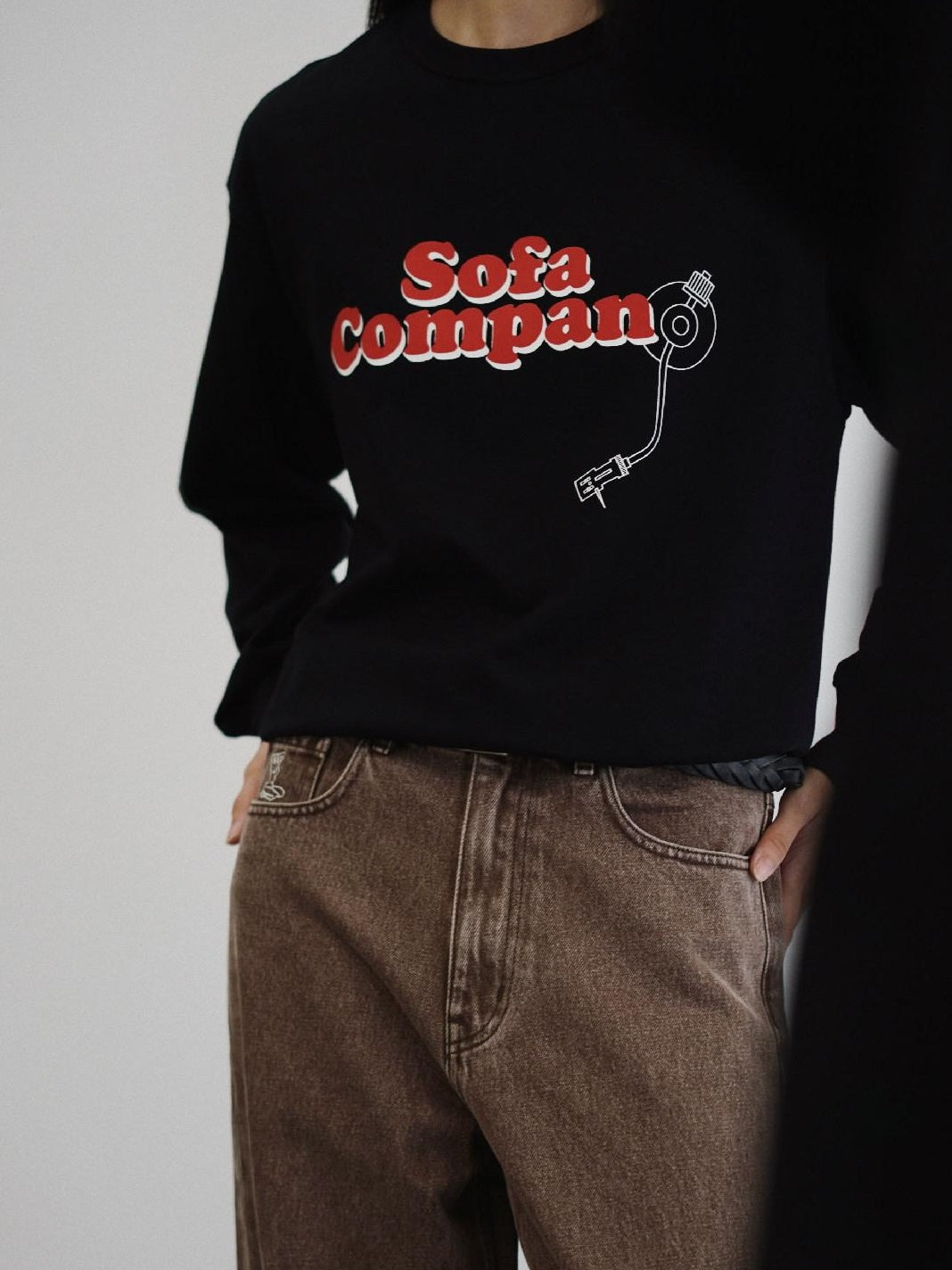 SUPERTOFU 100% Cotton Loose Fit Crew Neck Record Needle Graphic Long Sleeve T-Shirts