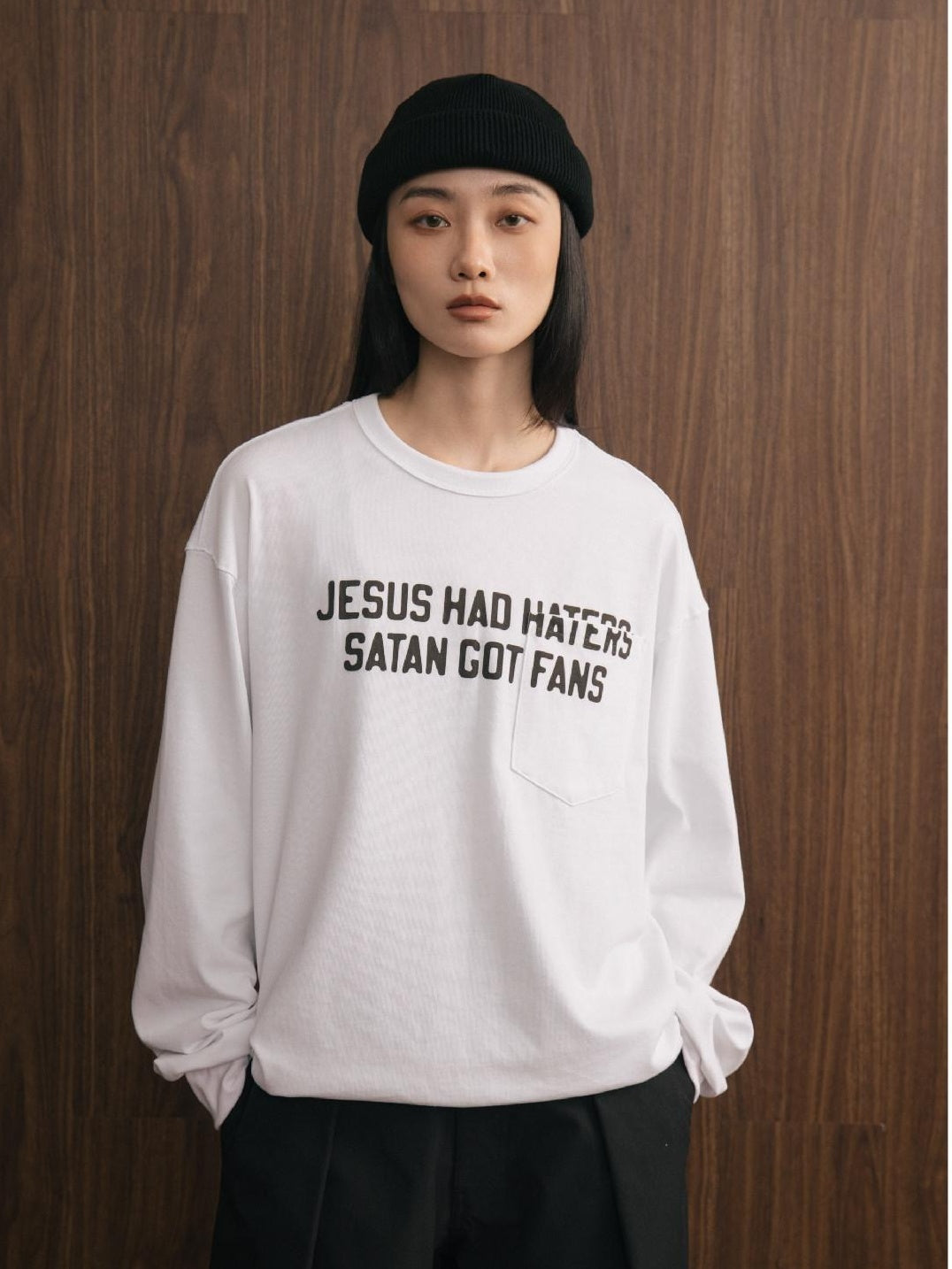 SUPERTOFU 100% Cotton Loose Fit Letter Print Casual Round Neck Unisex Long Sleeve T-Shirts