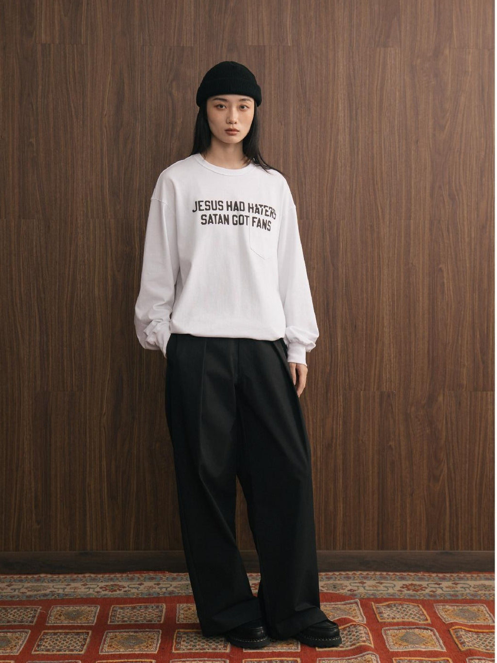 SUPERTOFU 100% Cotton Loose Fit Letter Print Casual Round Neck Unisex Long Sleeve T-Shirts