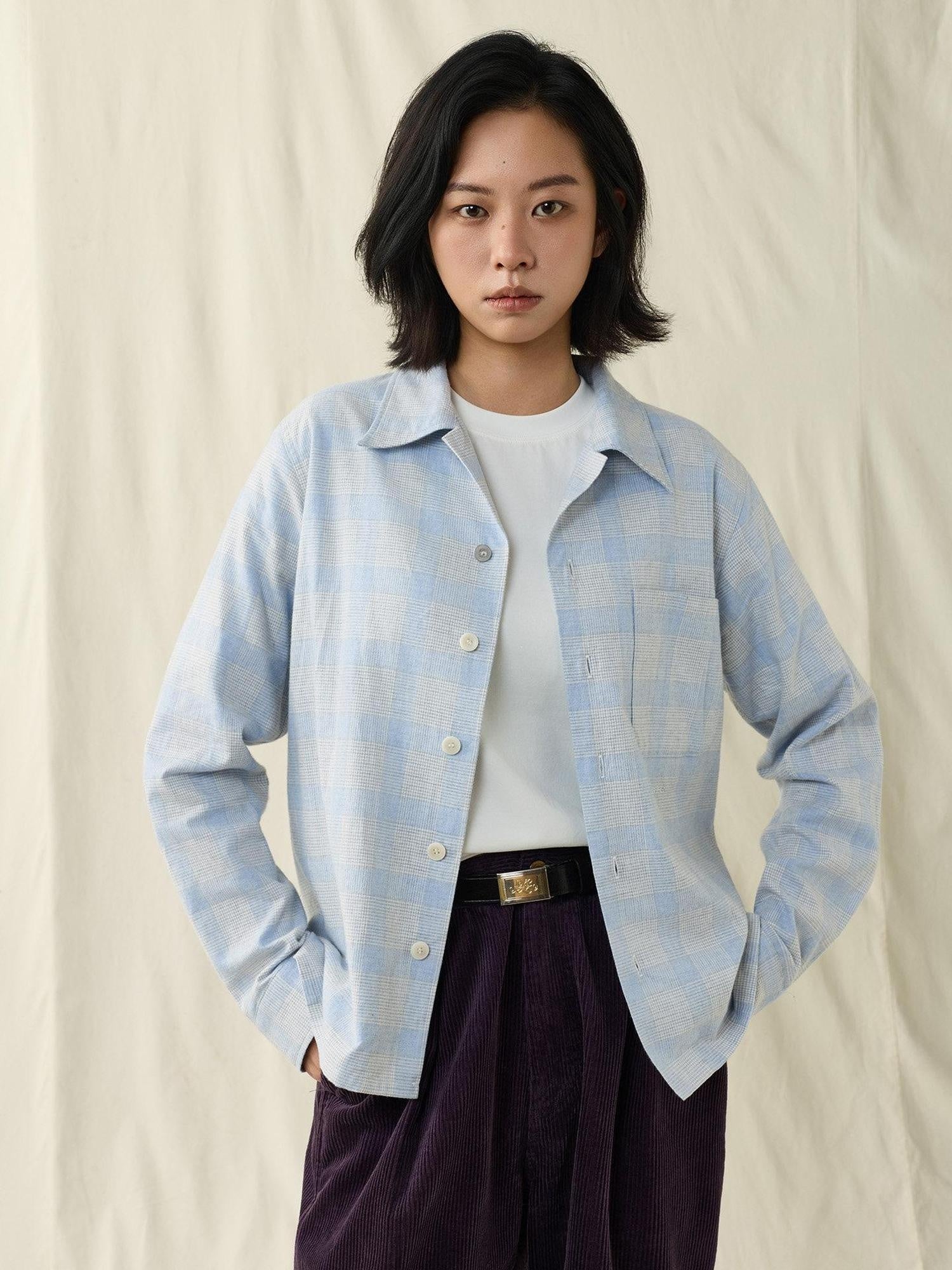 SUPERTOFU 100 Percent Cotton Vintage Plaid Collared Unisex Long Sleeve Blue Shirts