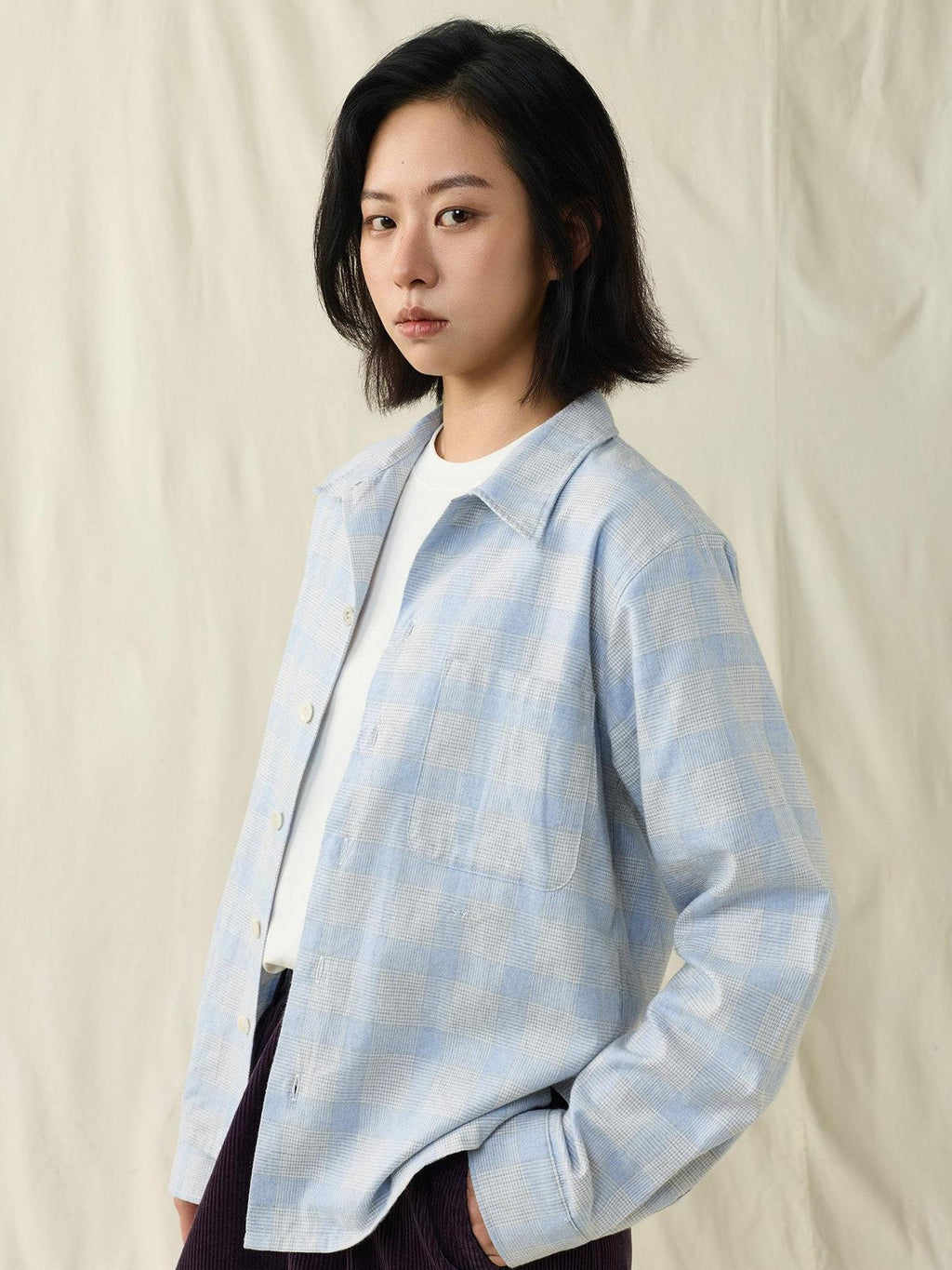 SUPERTOFU 100 Percent Cotton Vintage Plaid Collared Unisex Long Sleeve Blue Shirts