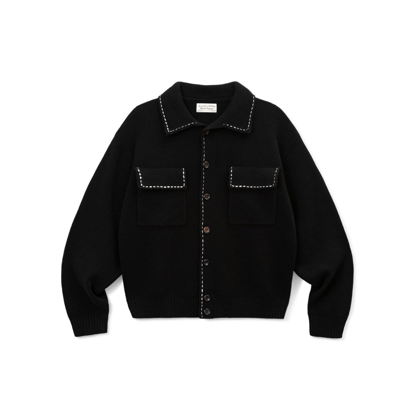 SUPERTOFU 100 Percent Wool Double Zipper Shirt Collar Unisex Black Knit Cardigans
