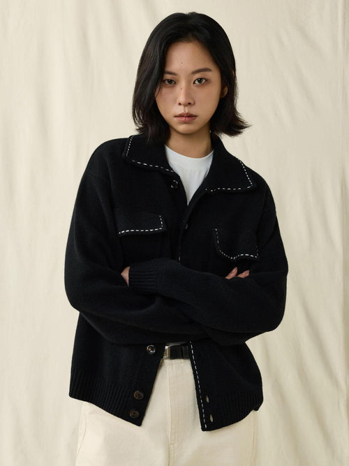 SUPERTOFU 100 Percent Wool Double Zipper Shirt Collar Unisex Black Knit Cardigans
