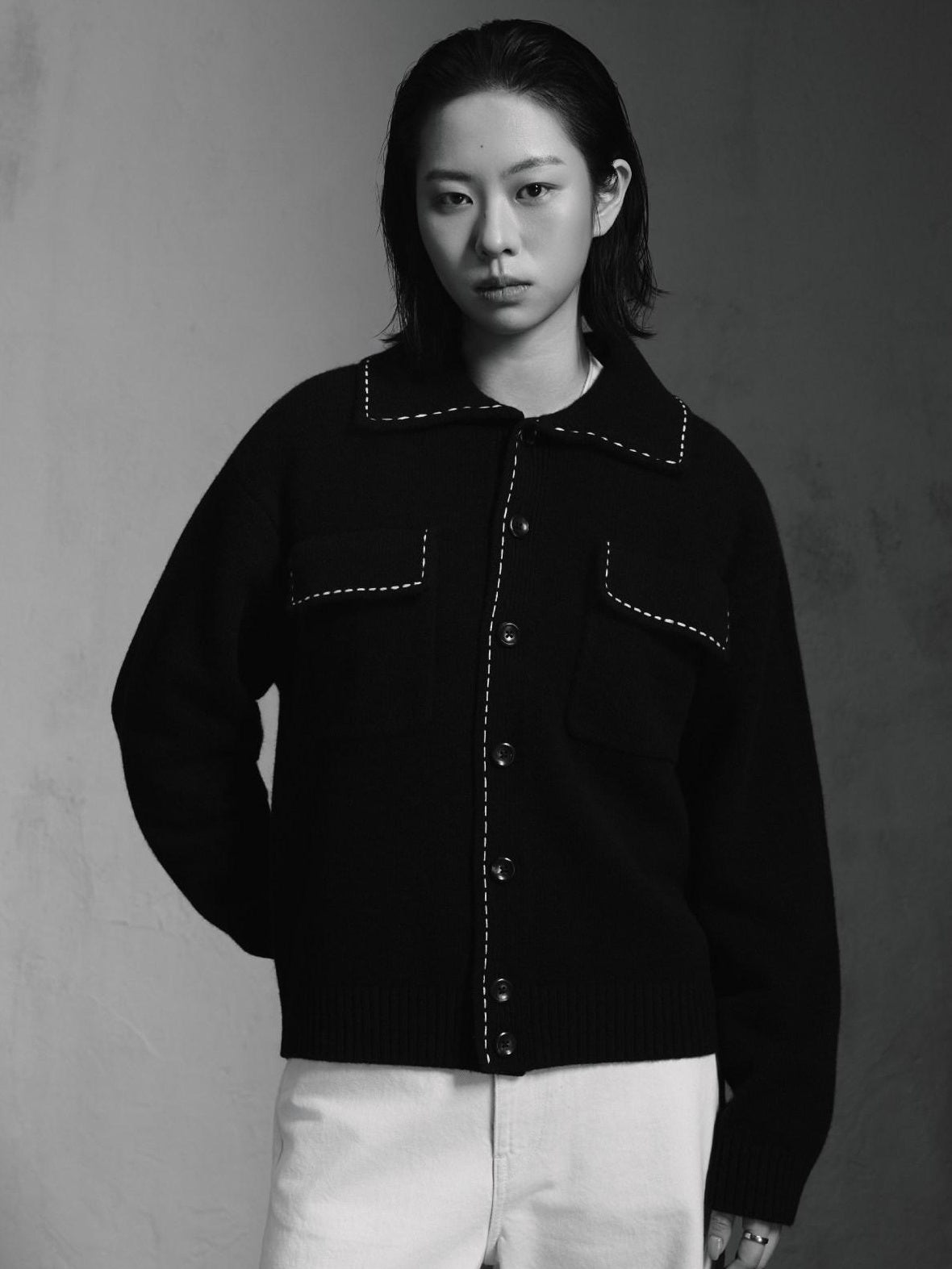 SUPERTOFU 100 Percent Wool Double Zipper Shirt Collar Unisex Black Knit Cardigans