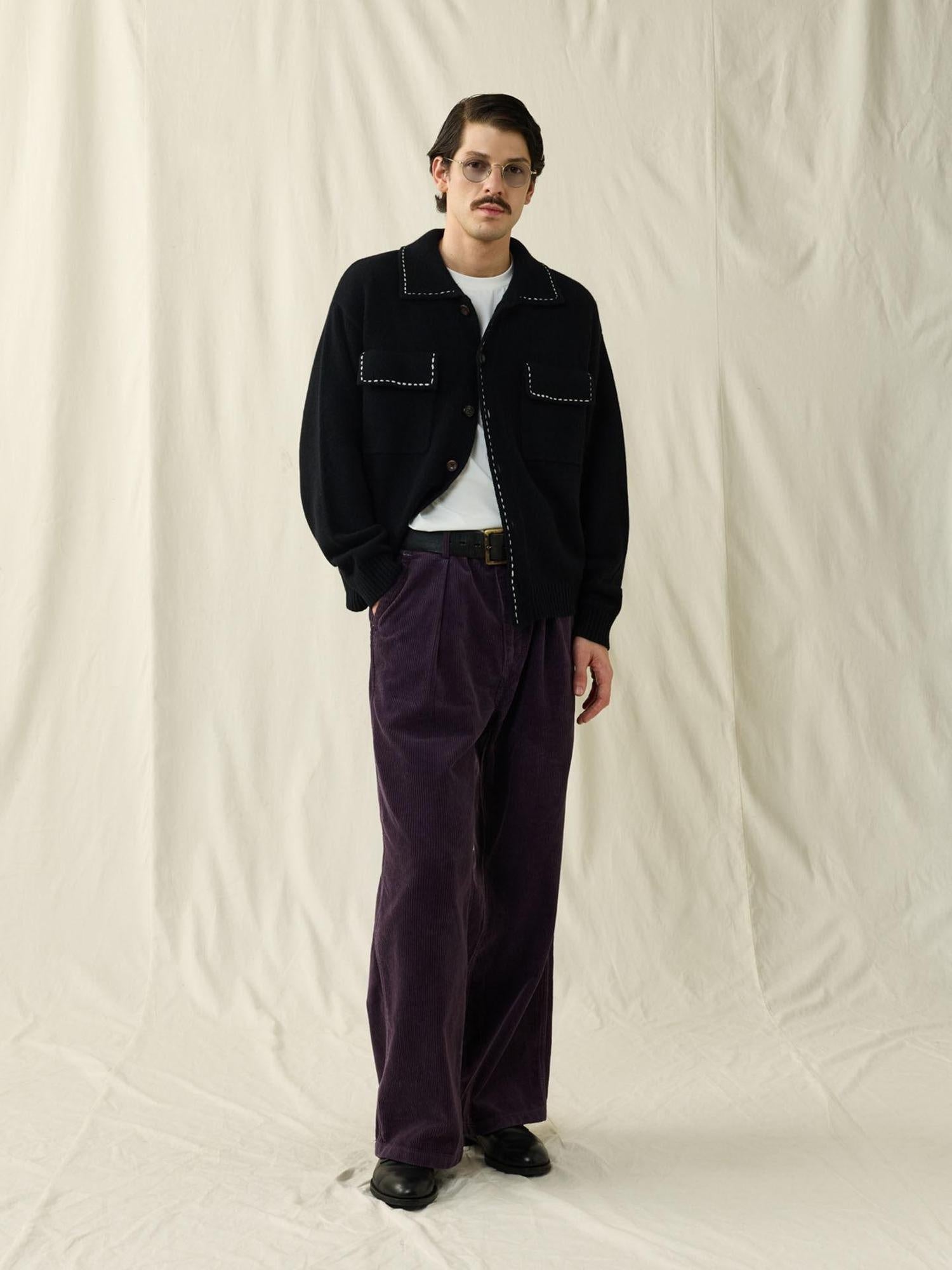 SUPERTOFU 100 Percent Wool Double Zipper Shirt Collar Unisex Black Knit Cardigans