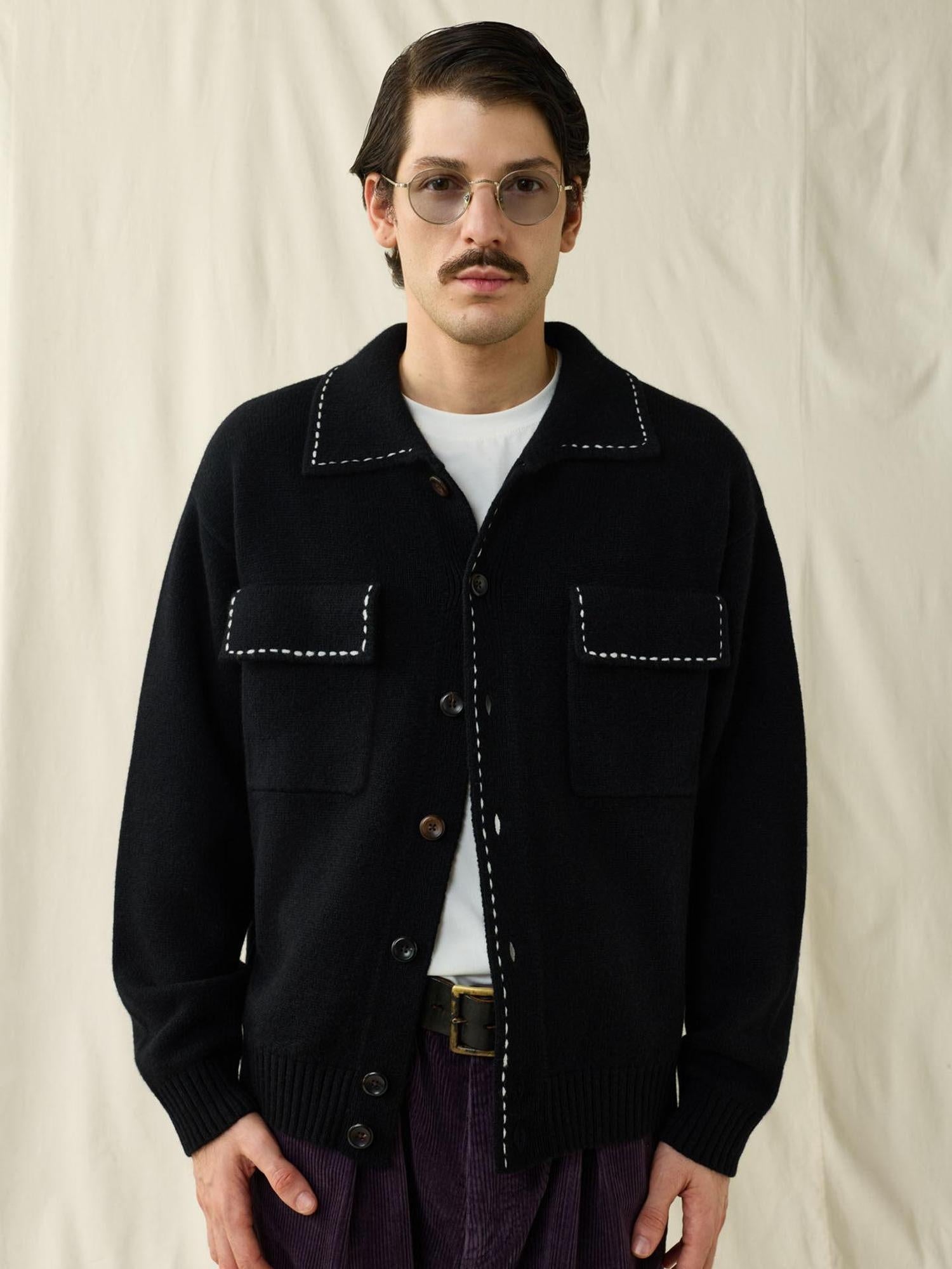 SUPERTOFU 100 Percent Wool Double Zipper Shirt Collar Unisex Black Knit Cardigans