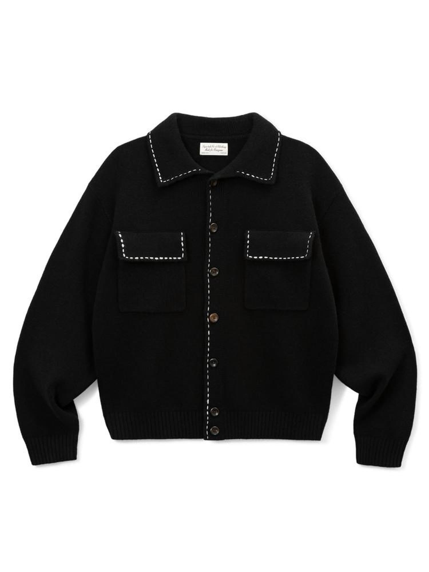 SUPERTOFU 100 Percent Wool Double Zipper Shirt Collar Unisex Black Knit Cardigans