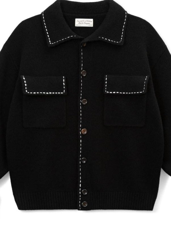 SUPERTOFU 100 Percent Wool Double Zipper Shirt Collar Unisex Black Knit Cardigans