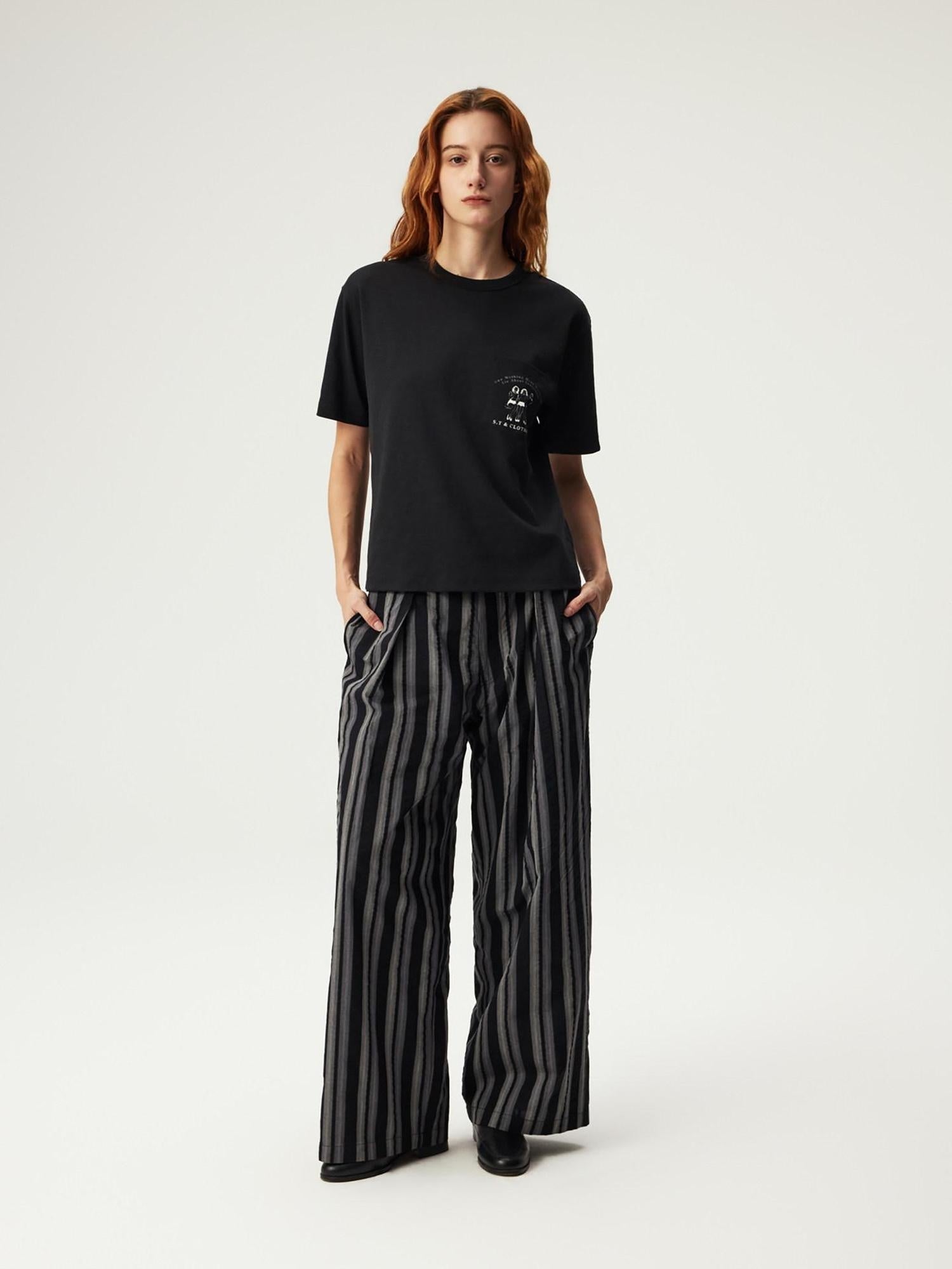 SUPERTOFU Anti Radiation Loose Fit Casual Striped Unisex Black Pure Cotton Straight Pants