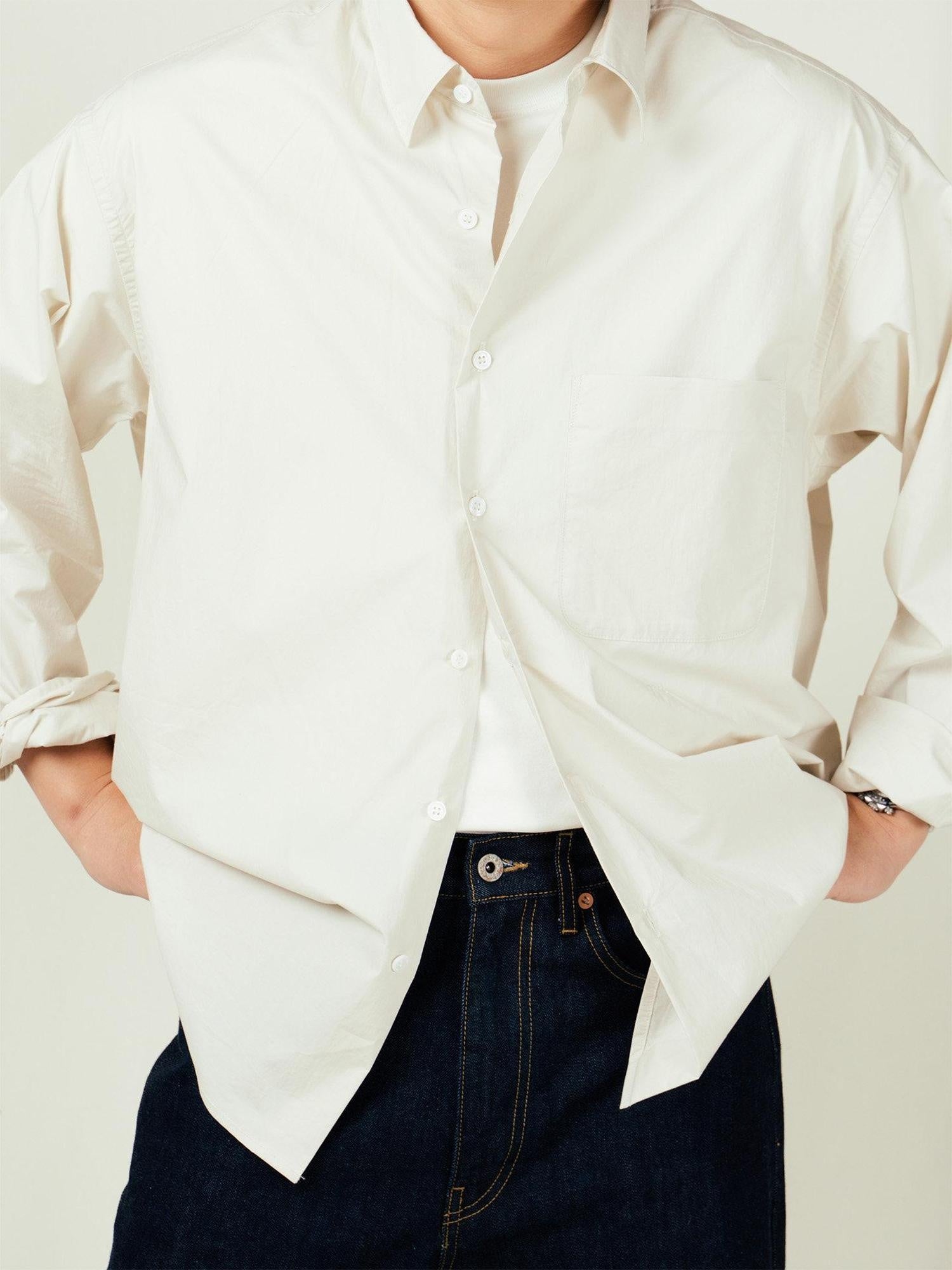 SUPERTOFU Breathable 100% Cotton Loose Fit Point Collar Button Front Unisex Shirts