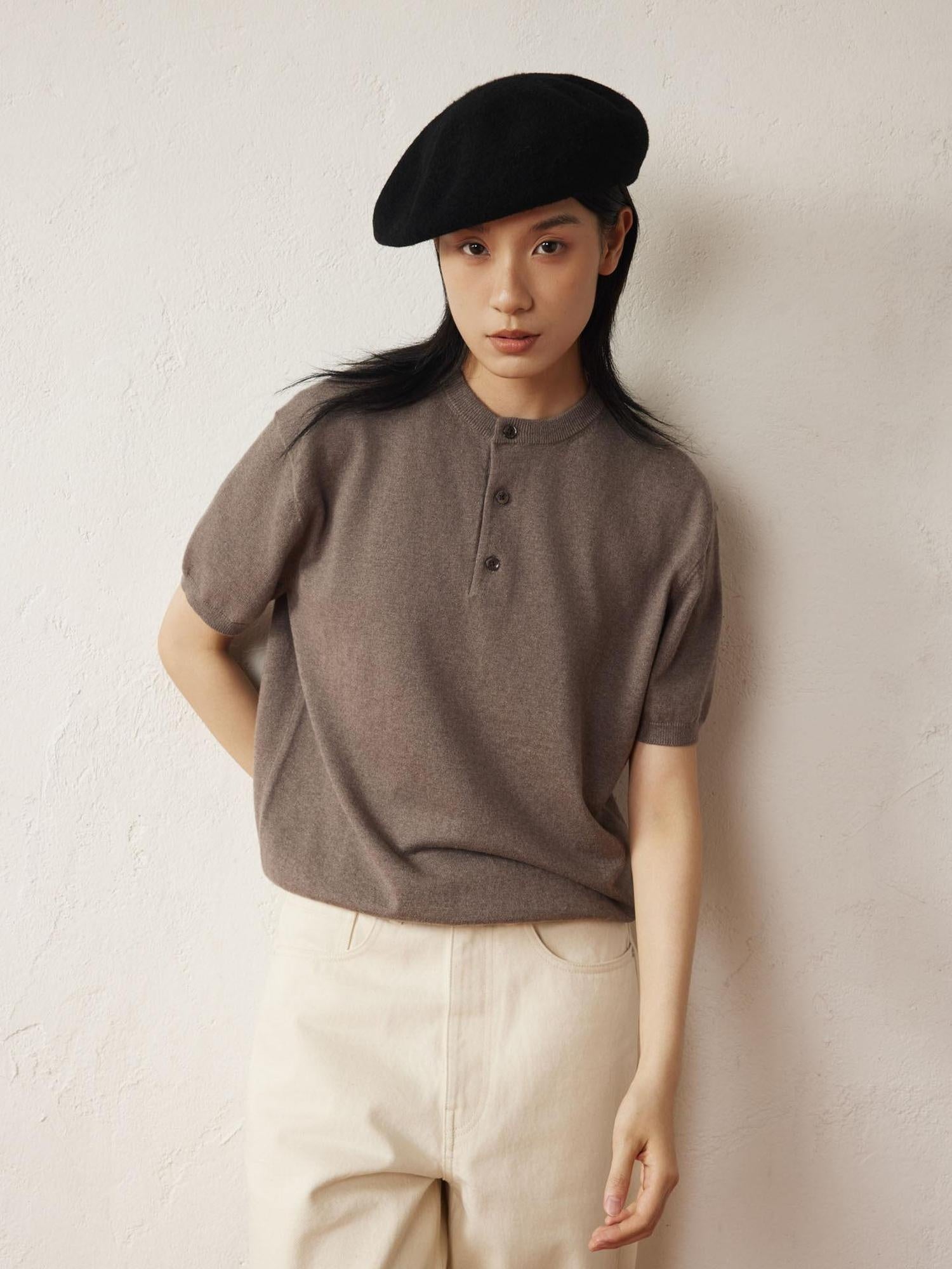 SUPERTOFU Breathable Cotton Henley Collar Retro Unisex Plain Short Sleeve T-Shirts