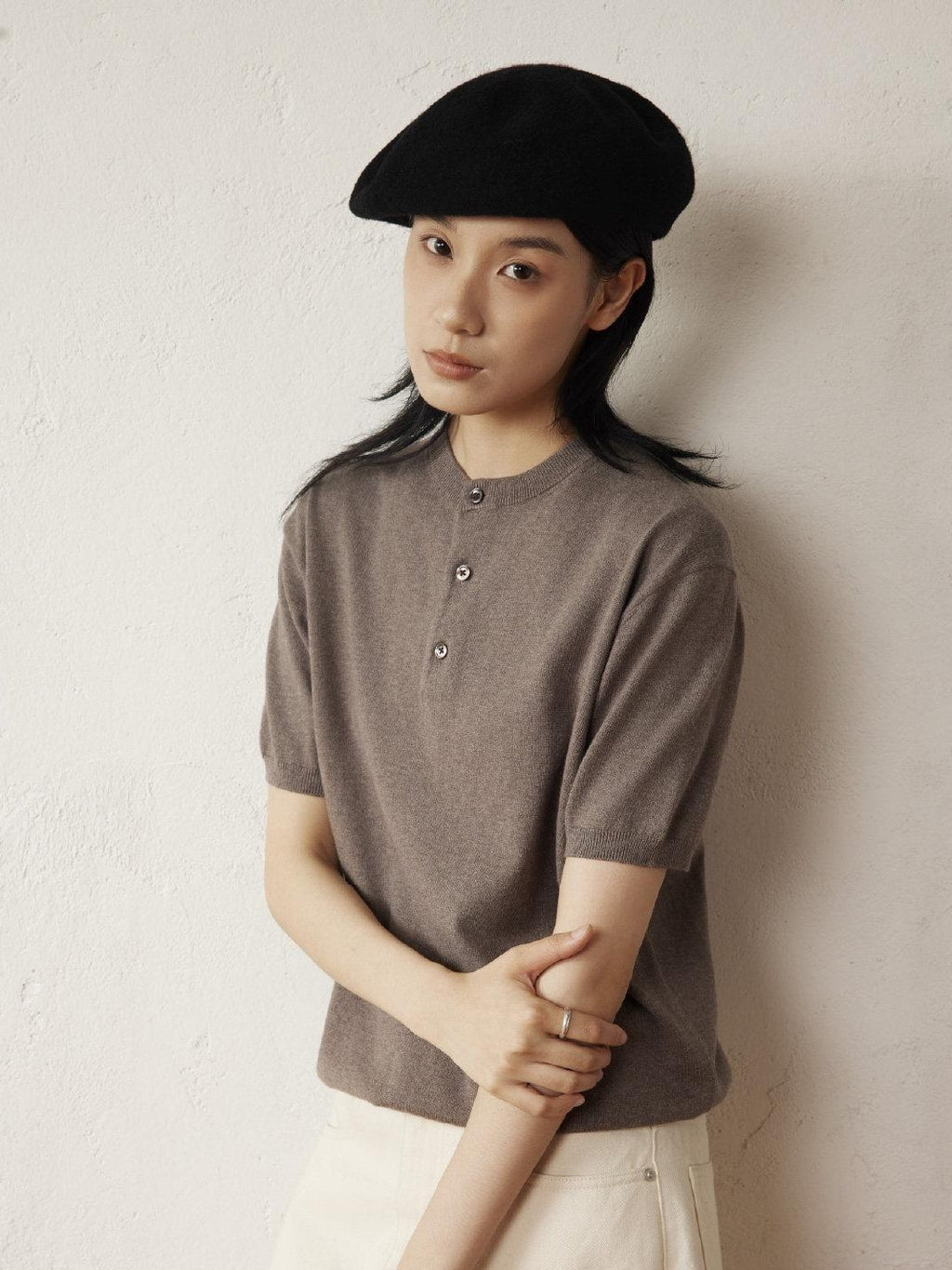 SUPERTOFU Breathable Cotton Henley Collar Retro Unisex Plain Short Sleeve T-Shirts