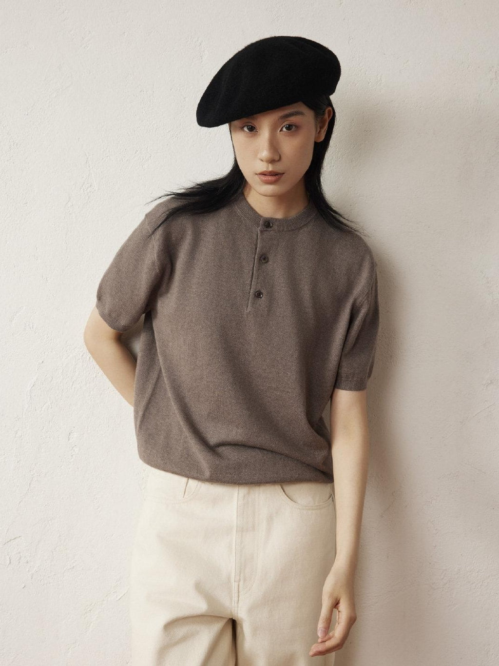 SUPERTOFU Breathable Cotton Henley Collar Retro Unisex Plain Short Sleeve T-Shirts