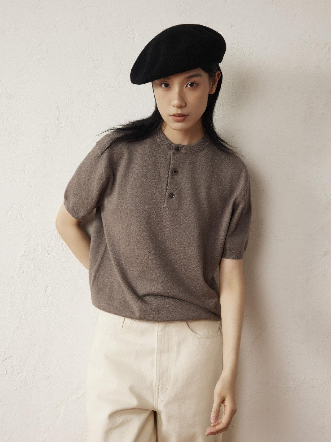 SUPERTOFU Breathable Cotton Henley Collar Retro Unisex Plain Short Sleeve T-Shirts