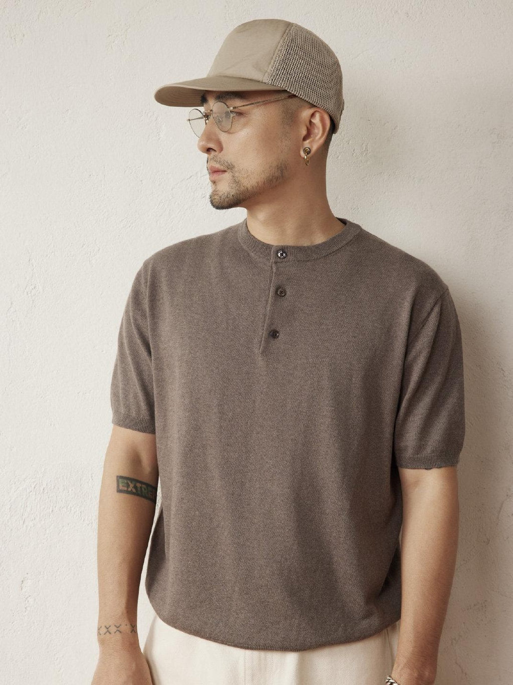 SUPERTOFU Breathable Cotton Henley Collar Retro Unisex Plain Short Sleeve T-Shirts