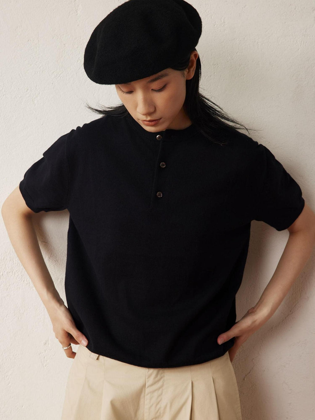 SUPERTOFU Breathable Cotton Henley Collar Retro Unisex Plain Short Sleeve T-Shirts